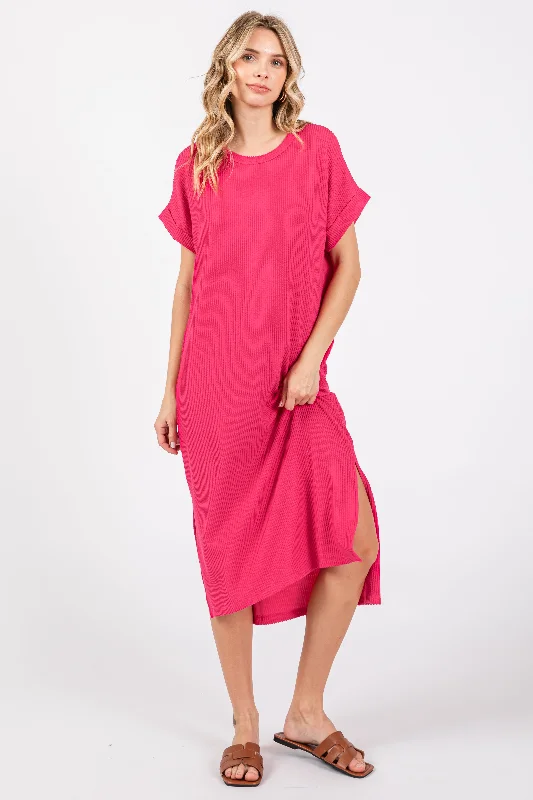 Easygoing Women's Style Fuchsia Ribbed Short Sleeve Midi Dress