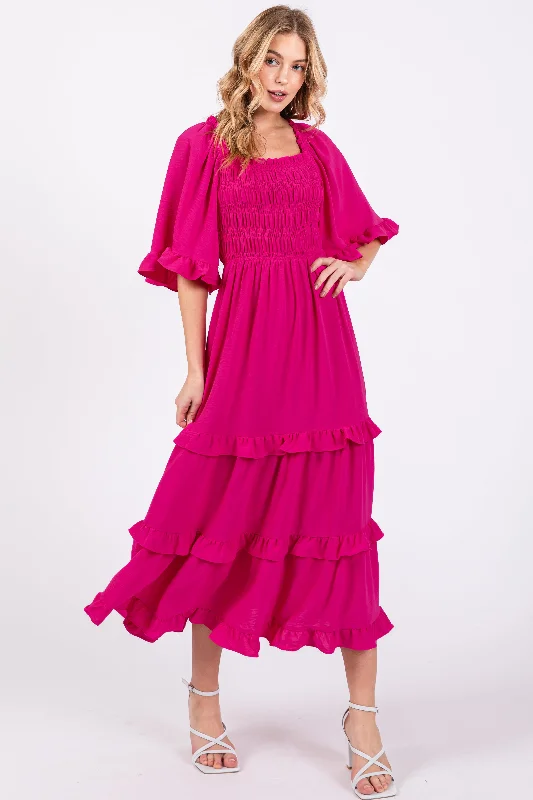 Women's Charming Outfit For Events Fuchsia Smocked Ruffle Tiered Midi Dress