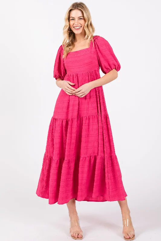 Best Online Clothing Boutiques Fuchsia Textured Tiered Midi Dress