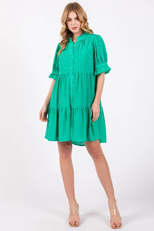 Formal Attire For Women Green Buttoned Down Short Sleeve Dress