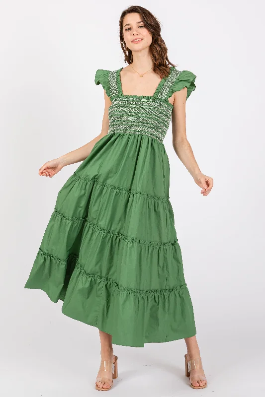 Discount Store Green Embroidered Smocked Midi Dress