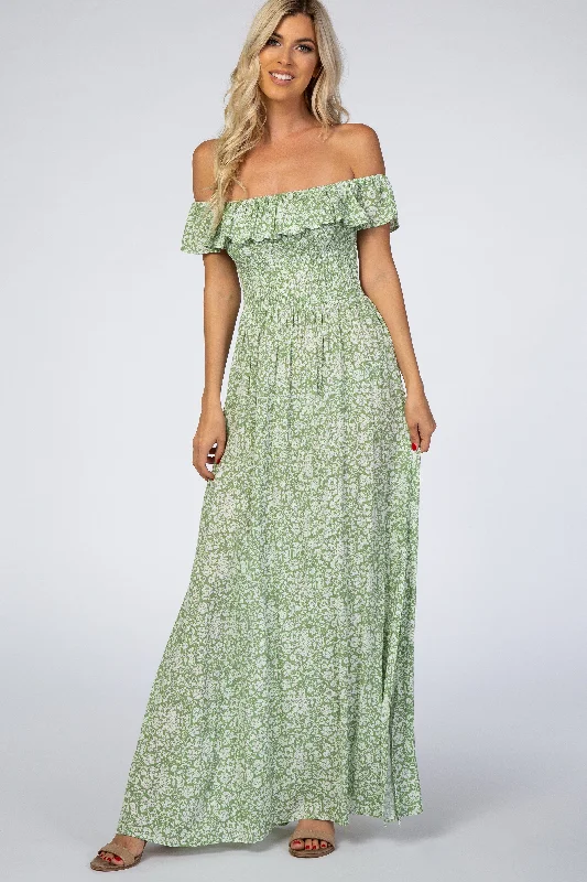 Women's Apparel Green Floral Ruffle Off Shoulder Maxi Dress