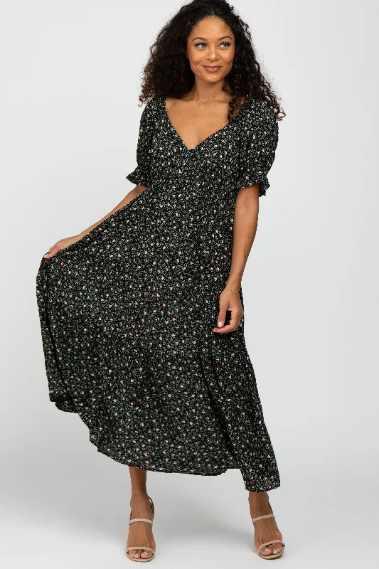 Women's Vintage Attire Green Floral V-Neck Ruffle Sleeve Midi Dress