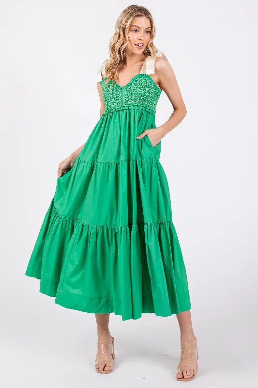 Sophisticated Fashion Green Ribbon Strap Tiered Maxi Dress