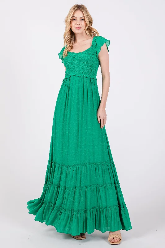 Unique Women's Fashion Pieces Green Smocked Crossover Off Shoulder Maxi Dress