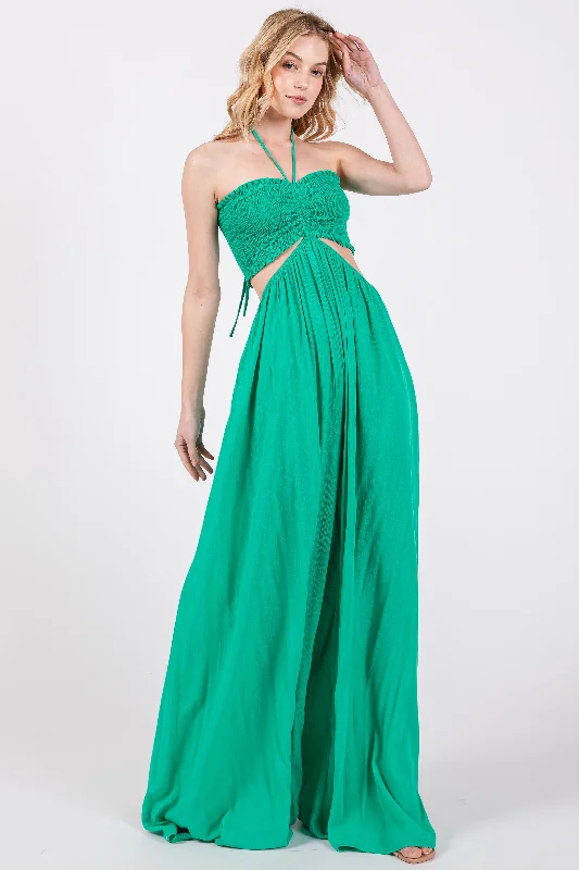 Women's Holiday Outfit Green Smocked Drawstring Halter Side Cutout Jumpsuit