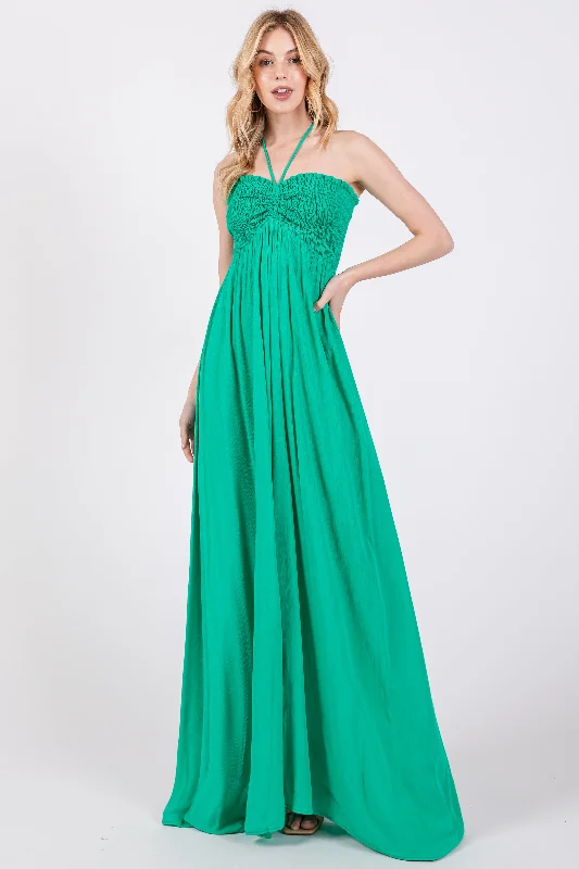 Modern Women's Apparel Green Smocked Halter Maxi Dress