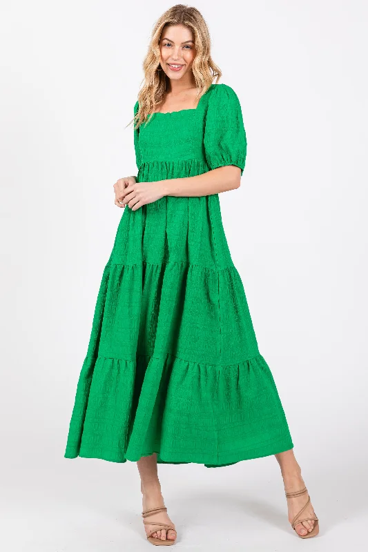 Online Boutiques Affordable Green Textured Tiered Midi Dress