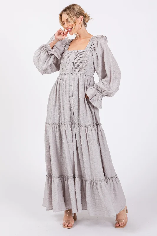 Fashion Essentials Grey Button Pleated Front Square Neck Ruffle Tiered Maxi Dress