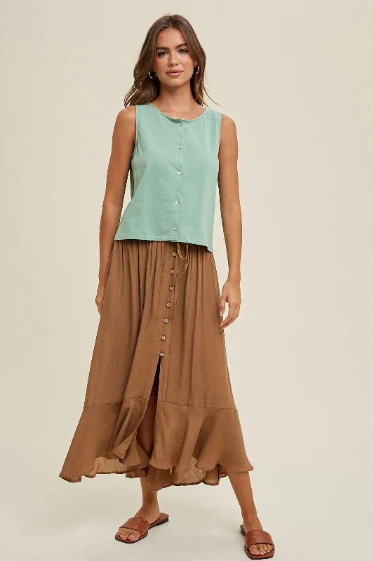 Timeless Women's Apparel Hazelnut Button-Up Midi Skirt With Drawstring