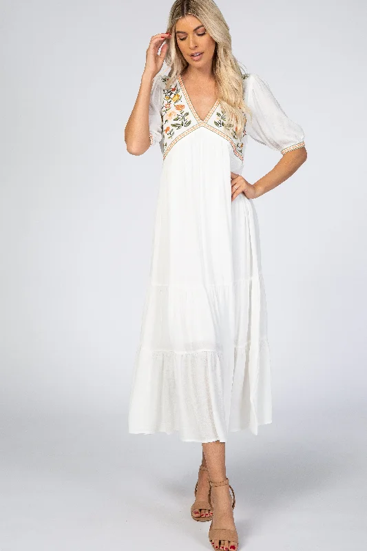 Women's Clothes And Garments Ivory Floral Embroidered Midi Dress