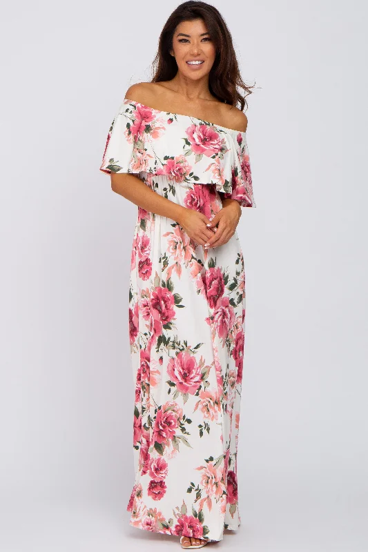 Women's Elegant Outfit Ivory Floral Off Shoulder Flounce Maxi Dress