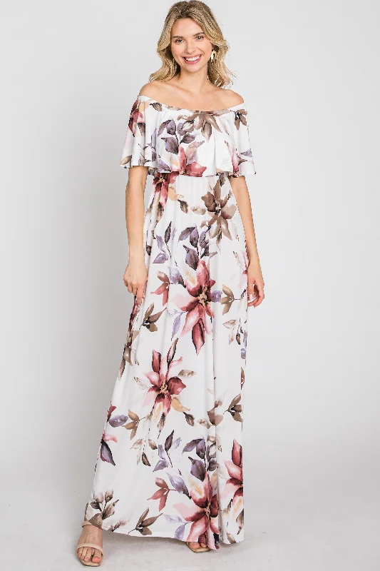 Women's Trendy Outfit Ivory Floral Off Shoulder Maxi Dress