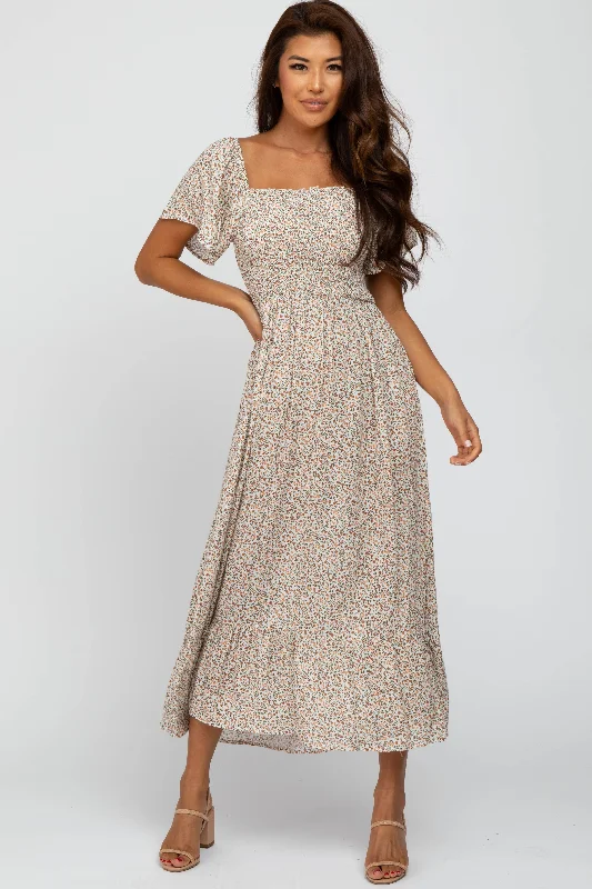 Women's Holiday Attire Ivory Floral Smocked Maxi Dress