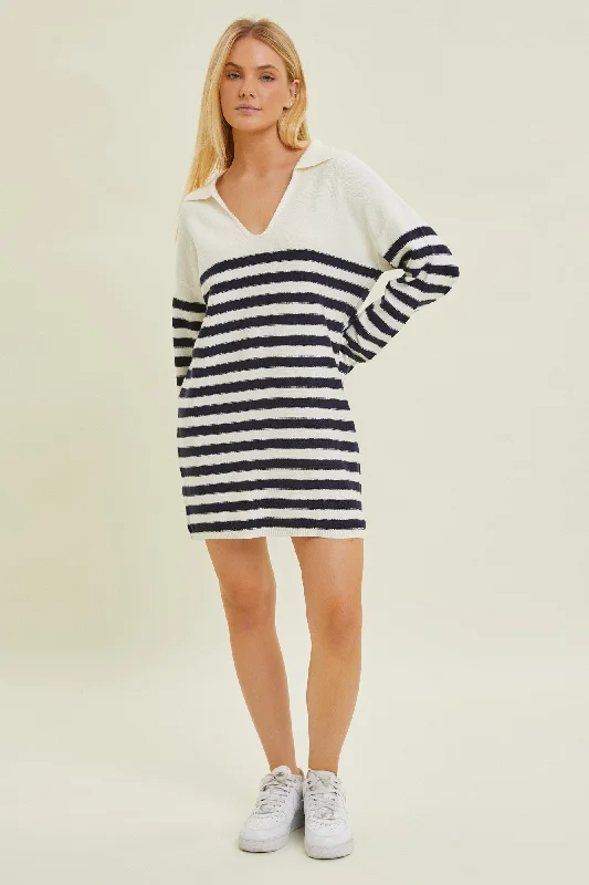 Sophisticated Women's Fashion Ivory Striped Collared Long Sleeve Sweater Dress