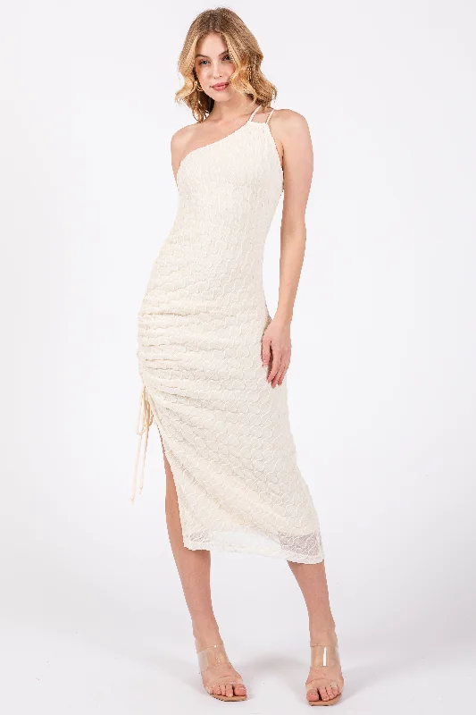 Women's Effortless Casual Outfit Ivory Textured One Shoulder Midi Dress