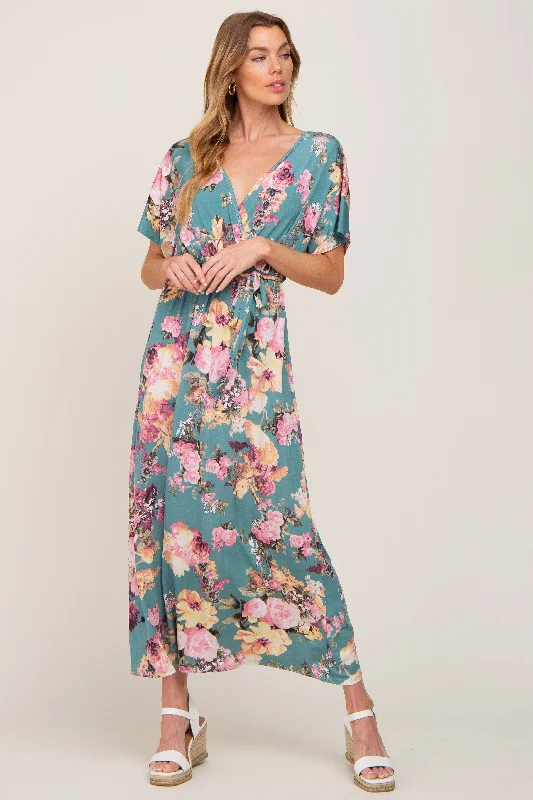 Fashionable Casual Tops Jade Floral Wrap Front Waist Tie Maxi Dress