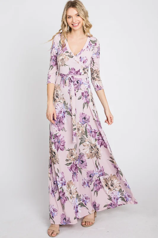 Elegant Women's Attire Lavender Floral Wrap Maxi Dress