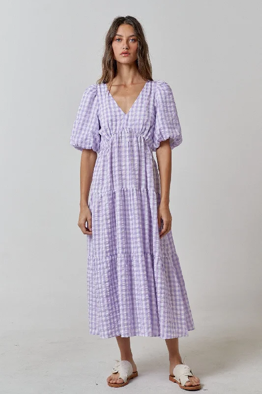 Chic Outfits Lavender Gingham Puff Sleeve Tiered Midi Dress