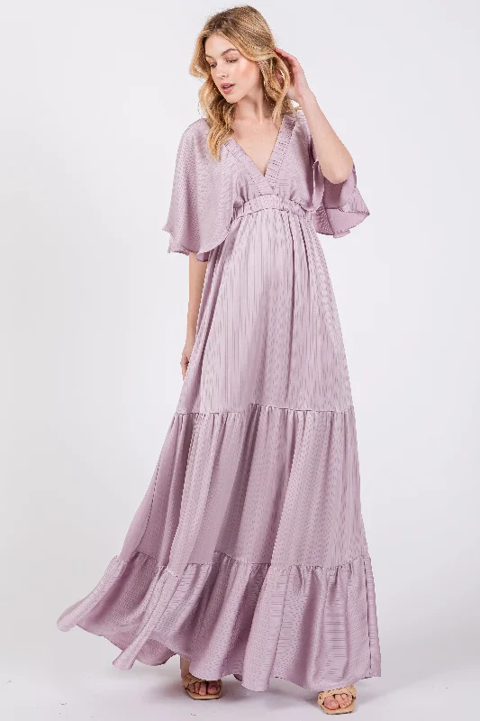 Fashionable Dresses for Women Lavender V-Neck Flutter Sleeve Tiered Maxi Dress