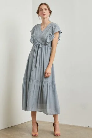 Timeless Classics Light Blue Cuffed Sleeve Front Tie Maxi Dress