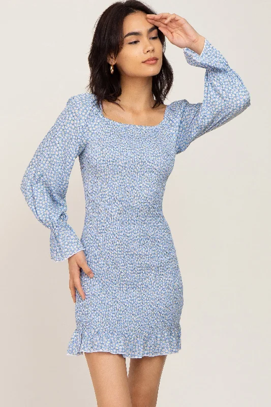 Stylish Loungewear for Women Light Blue Ditsy Floral Smocked Long Sleeve Mini Dress