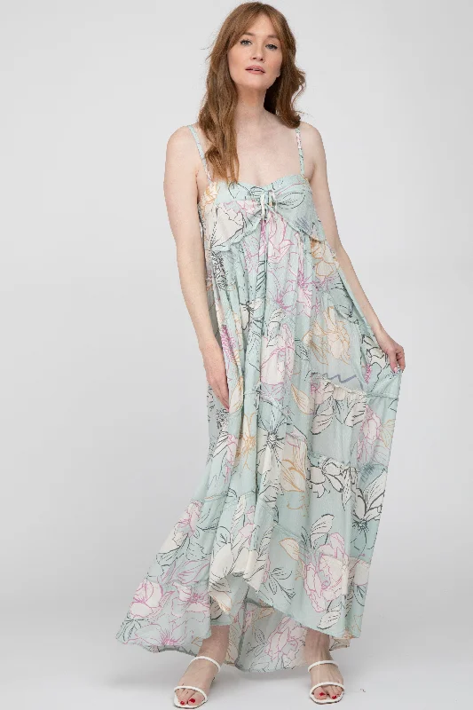 Women's Vintage-Inspired Outfit Light Blue Floral Front Tie Empire Maxi Dress