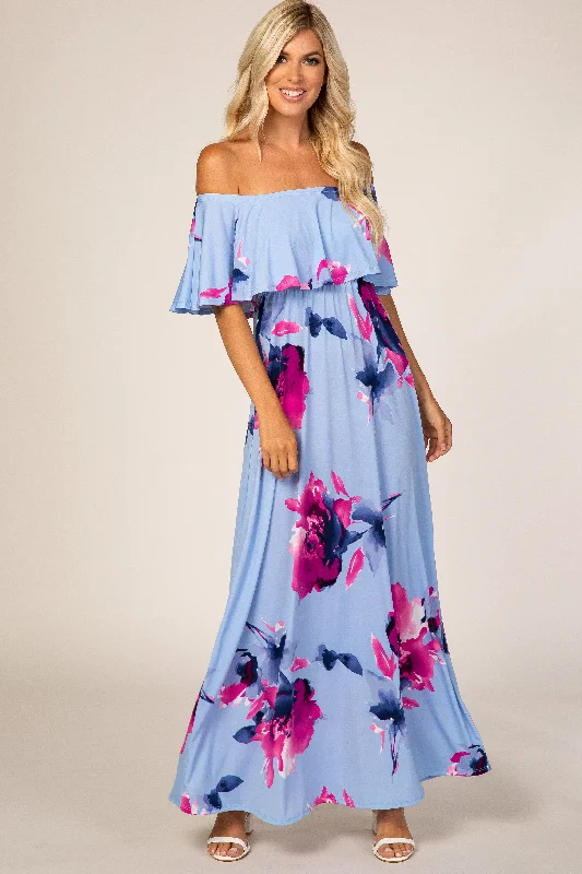 Women's Plus-Size Garments Light Blue Floral Off Shoulder Maxi Dress