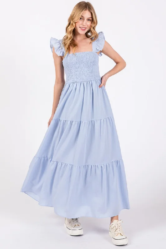 Women's Professional Attire Light Blue Sleeveless Smocked Tiered Maxi Dress