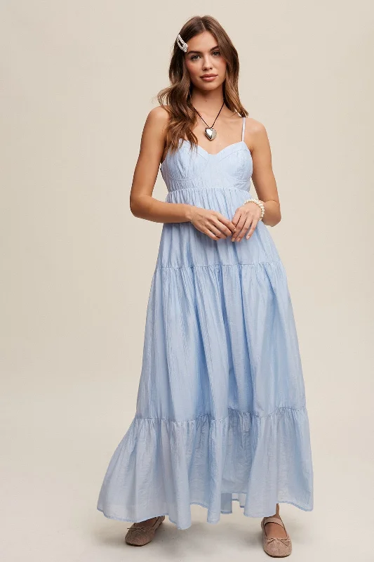 Vintage Fashion Light Blue Sleeveless Tiered Maxi Dress