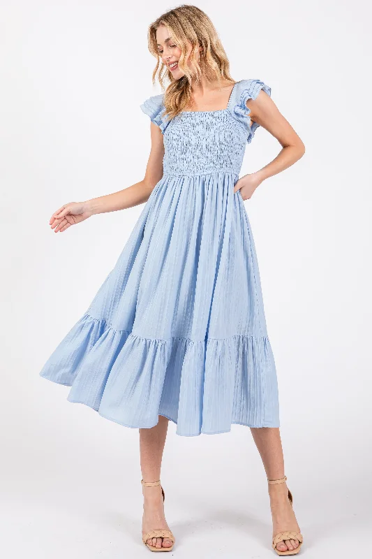 Women's Clothes Light Blue Striped Flutter Sleeve Midi Dress