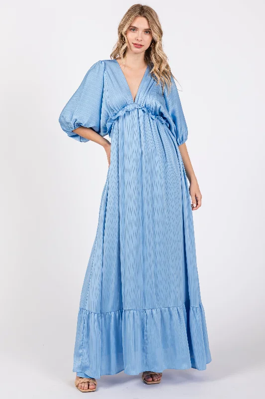 Modern Women's Wardrobe Essentials Light Blue Striped Ruffle Accent Maxi Dress