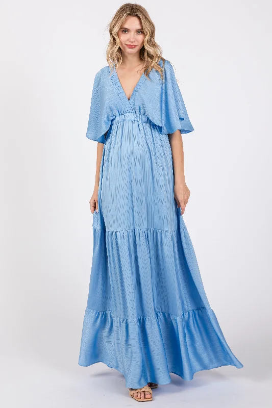 Fashionable Tops for Women Light Blue V-Neck Flutter Sleeve Tiered Maxi Dress