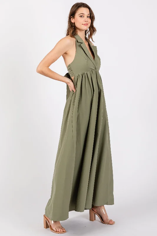 Flash Sales Today Light Olive Collared Halter Back Tie Maxi Dress