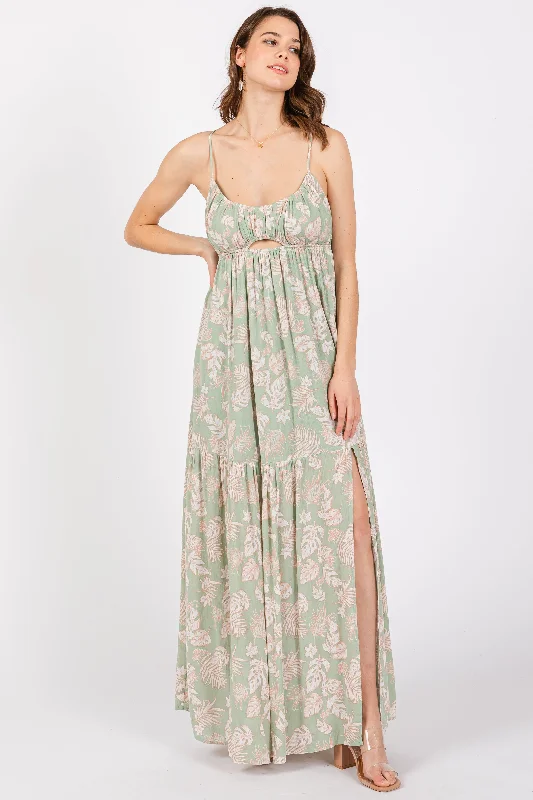 Flash Sales This Week Light Olive Foral Front Cutout Open Cross Back Maxi Dress