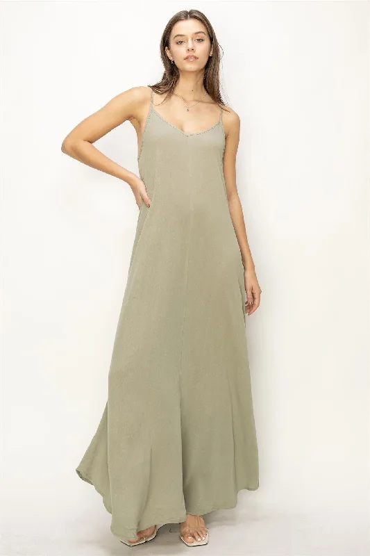 Sustainable Women's Apparel Light Olive Lightweight Sleeveless V-Neck Maxi Dress