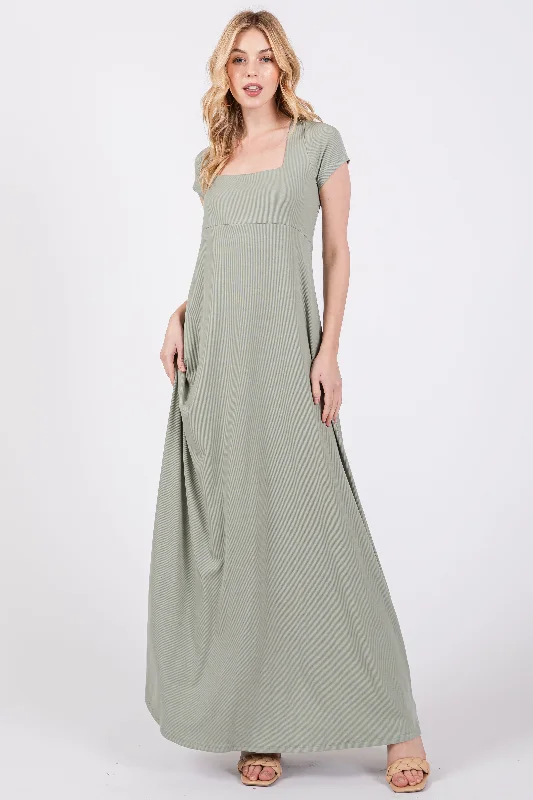 Affordable Women's Fashion Light Olive Ribbed Square Neck Short Sleeve Maxi Dress