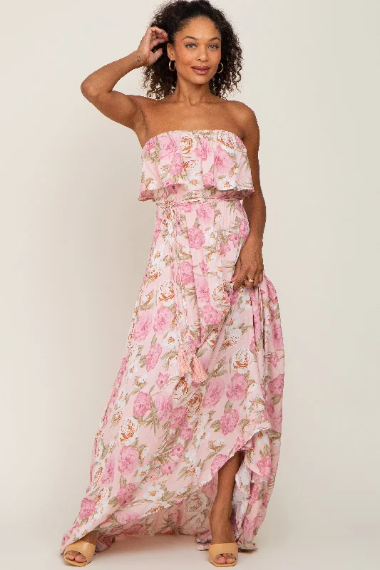 Trendy Casual Outfits Light Pink Floral Strapless Ruffle Front Maxi Dress