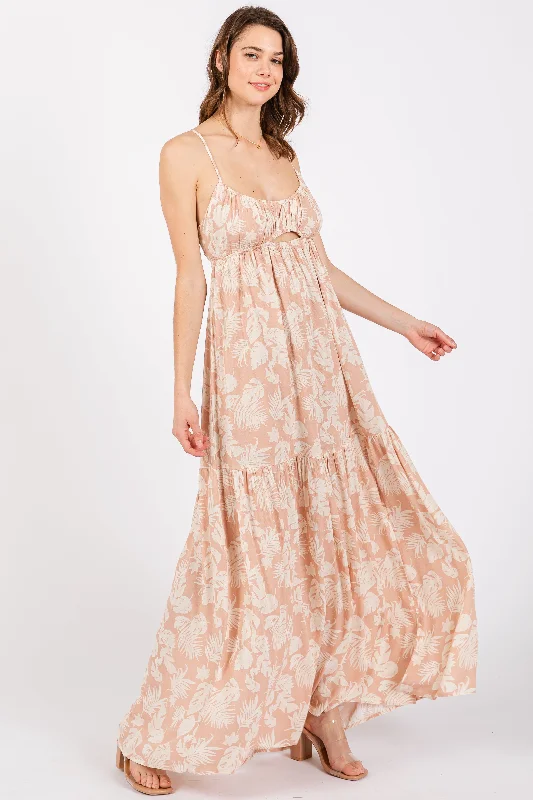 Clearance Sale Online Light Pink Foral Front Cutout Open Cross Back Maxi Dress