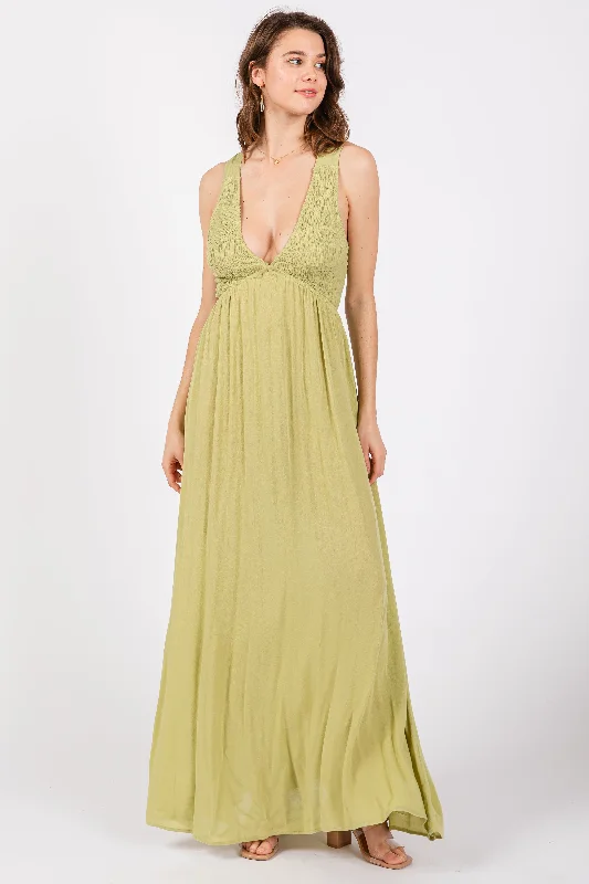 Chic Women's Clothing for Work and Travel Lime Deep V-Neck Cross Back Maxi Dress