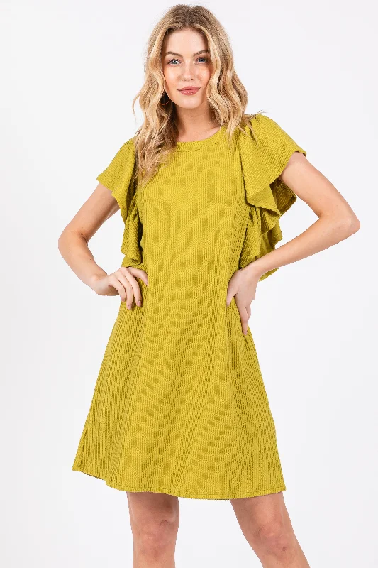 Women's Clothing Sale Lime Ribbed Ruffle Sleeve Dress