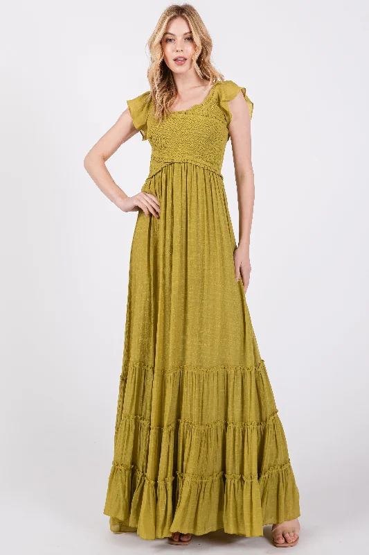 Women's Comfortable Lounge Outfit Lime Smocked Crossover Off Shoulder Maxi Dress