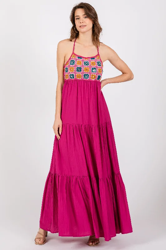 Women's Athleisure Apparel Magenta Crochet Cutout Halter Maxi Dress