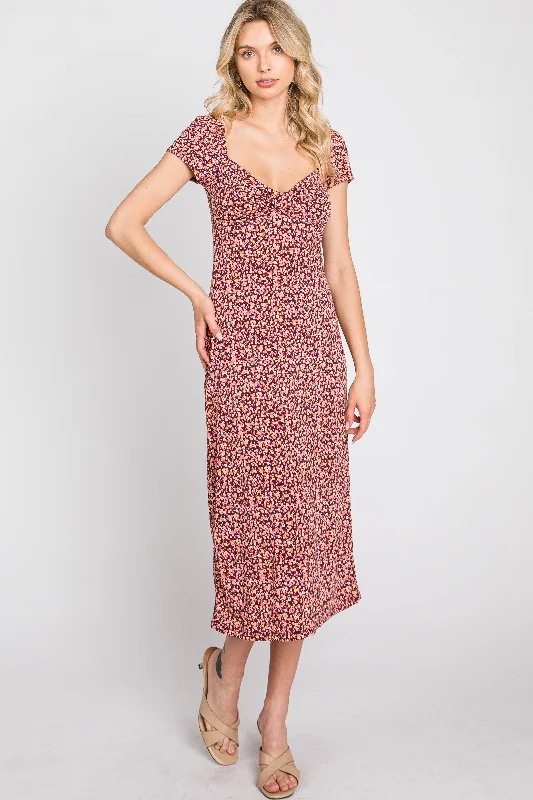 Women's Activewear Outfit Mauve Floral Sweetheart Midi Dress