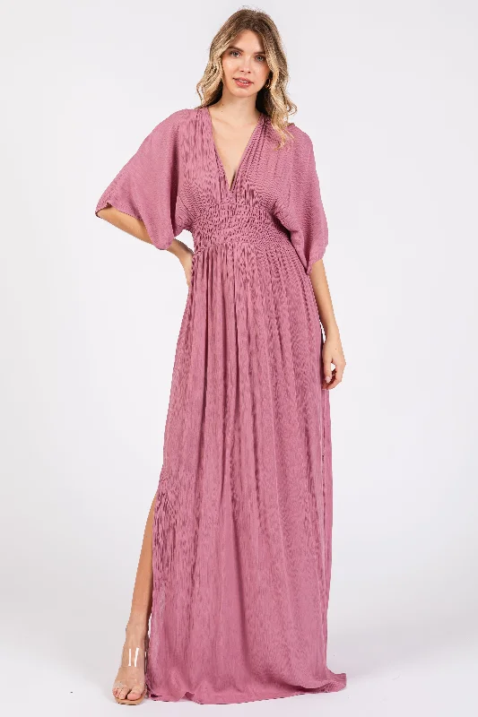 Relaxed Style Mauve Lightweight Deep V-Neck Maxi Dress