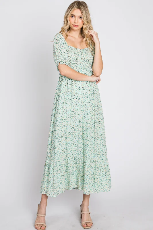 Modern Women's Outfit Mint Floral Sweetheart Neck Midi Dress