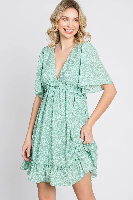 Timeless Women's Outfit Mint Green Floral Ruffle Accent Cutout Dress