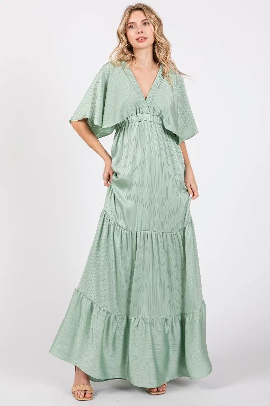 Exclusive Women's Fashion Collection Mint V-Neck Flutter Sleeve Tiered Maxi Dress