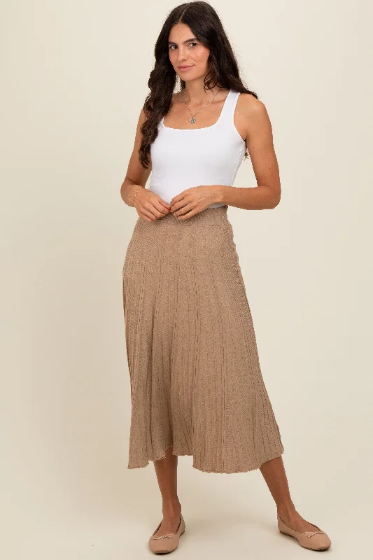 Women's Work Outfit Mocha Ribbed Knit A-Line Midi Skirt