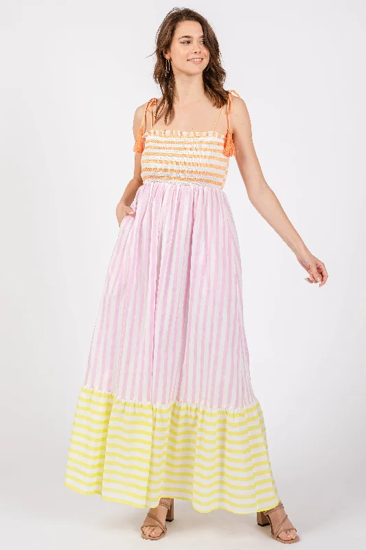 Elegant Styles Multi-Color Striped Color Block Shoulder Tie Maxi Dress